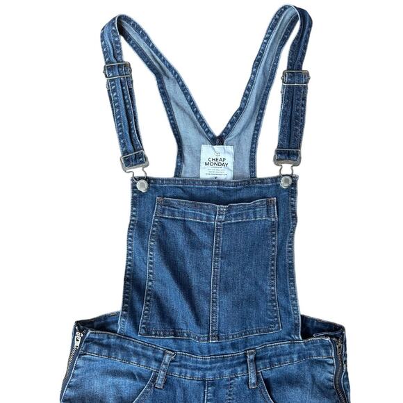 Cheap Monday Dungaree Carbon Blue Distressed Zippered Denim Jean Overalls SMALL - Picture 2 of 7